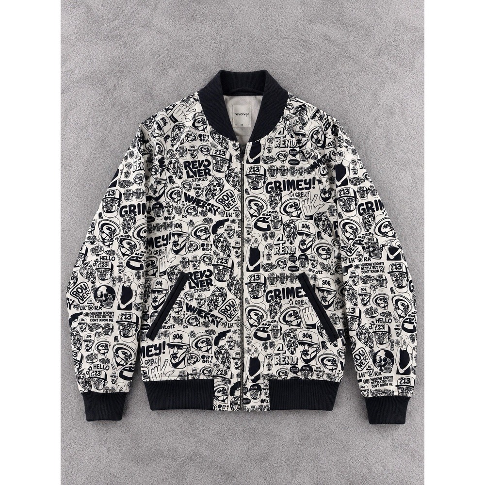 Revolver Graffiti Bomber Jacket Mens 42 White Black Graphic Streetwear Punk